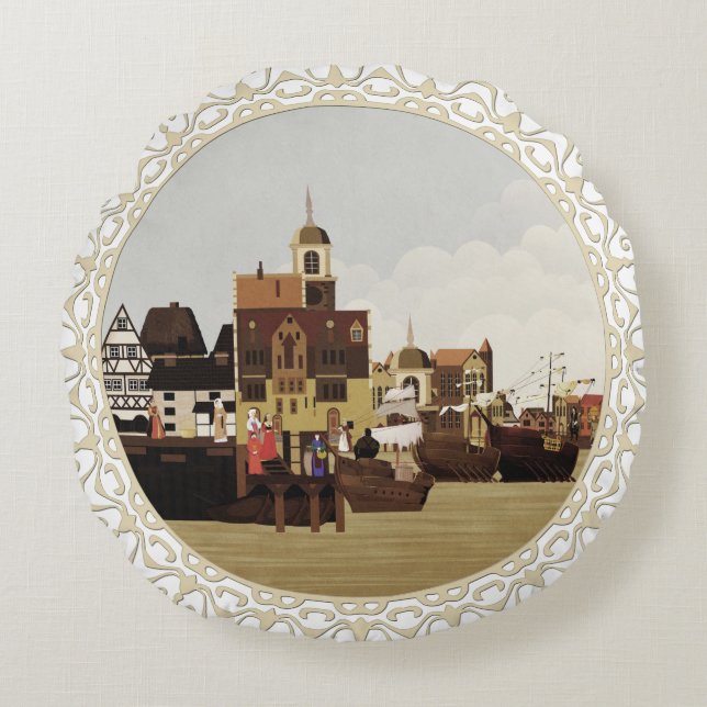 Medieval Harbour Rund Kudde (Framsidan)