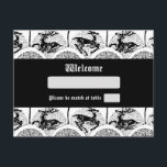 Medieval Hjort och Träd, vykort<br><div class="desc">KOPIERA ELLER SKRIVA UT DETTA ARBETE PÅ ANNAT HÅLL ÄR ETT BROTT MOT MIN INTELEKTUELLA HÖGER EGENDOM OCH ÄR UTTRYCKLIGEN FÖRBJUDET! ANVÄNDA ANPASSNINGSKnappen FÖR ATT ÄNDRA TEXTER/FÄRG! Ett medeltida stil som upprepar mönster i svart och som innehåller några hjort, stenar och träd i schalop-formade motiv Tillgängliga som bröllopsinbjudningar, inbjudningar till...</div>