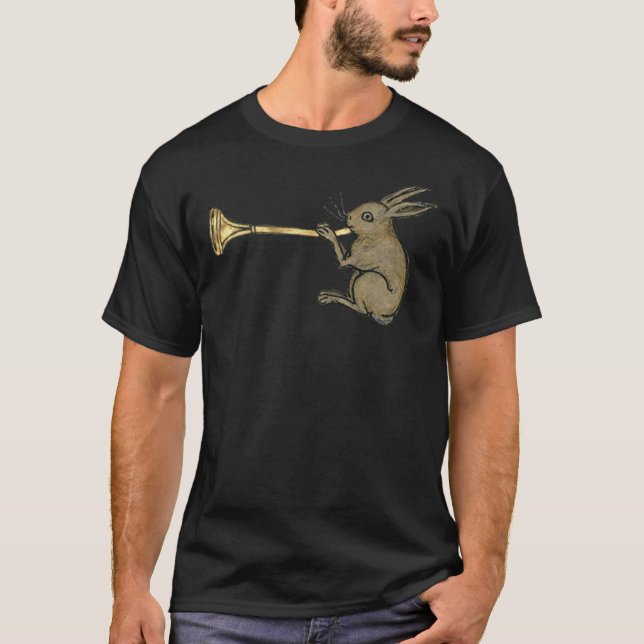 Medieval Illuminated Manuscript Trumpeting Rabbit  T Shirt (Framsida)