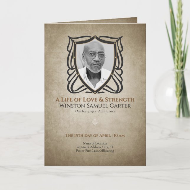 Medieval‑Inspired Shield 5 Photo Collage Funeral Inbjudan (Framsida)