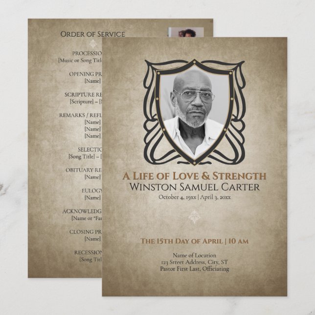 Medieval‑Inspired Shield 5 Photo Collage Memorial Inbjudningar (Fram/baksida)