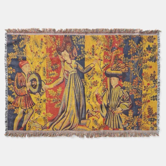 Medieval italiensk röd blå Gult Chinoiserie Filt (Framsidan)