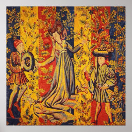 Medieval italiensk röd blå Gult Chinoiserie Poster