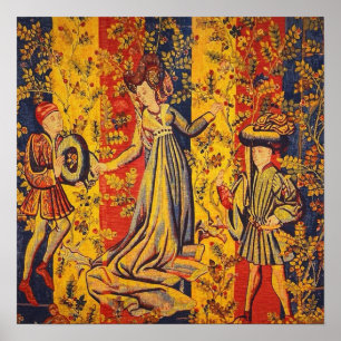 Medieval italiensk röd blå Gult Chinoiserie Poster