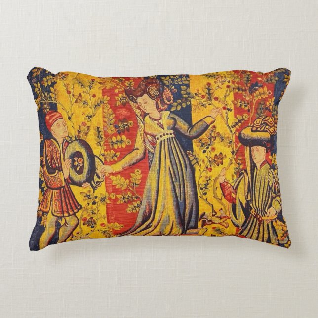 Medieval italiensk röd blå Gult Chinoiserie Prydnadskudde (Framsidan)