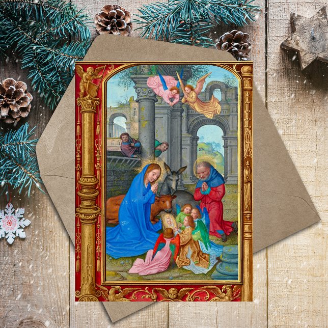 Medieval katolsk kristen jultomhet helg vykort (Medieval Manuscript Vintage Religious Catholic Christian Christmas Nativity Scene Holiday Postcard)