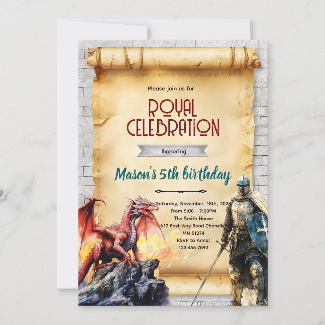 Medieval knight and dragon invitation inbjudningar (Framsida)