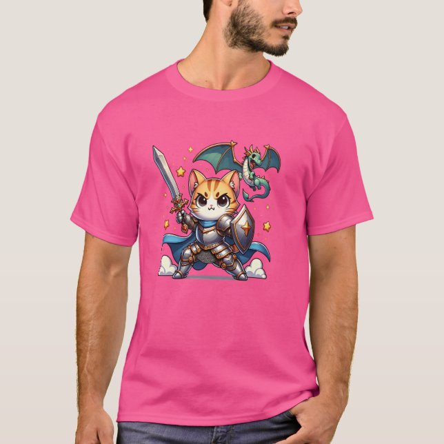 Medieval Knight Armor Cat Dragon Hunter Ren Faire T Shirt (Framsida)