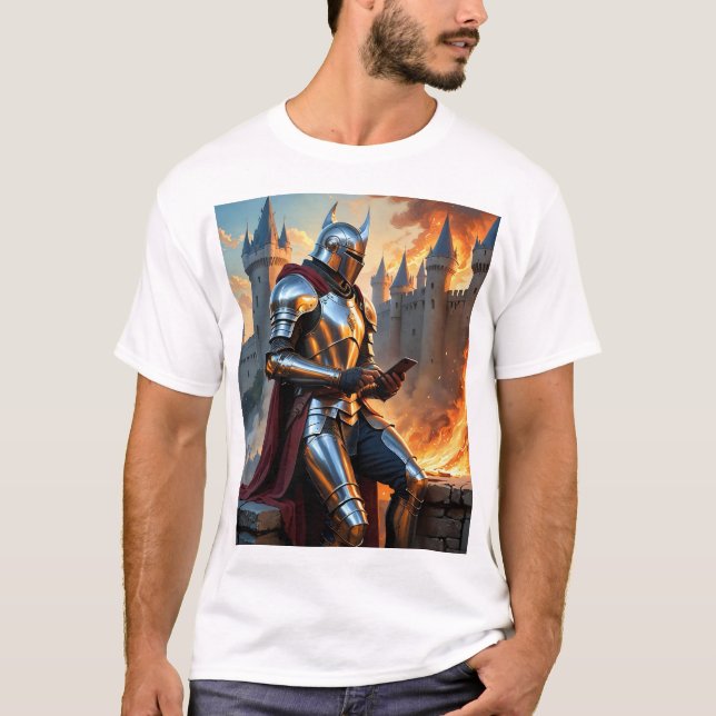 Medieval Knight Castle Fire Funny Fantasy Art Tee (Framsida)