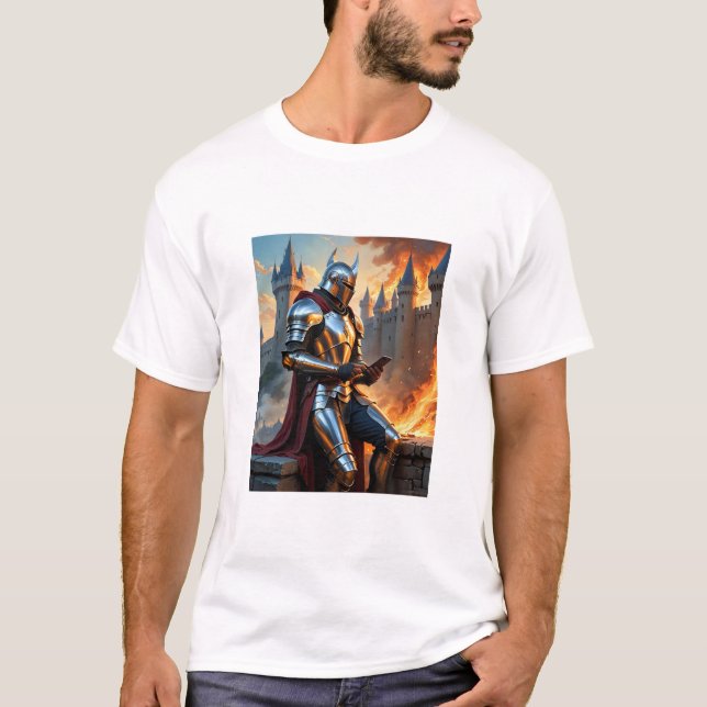Medieval Knight Castle Fire Funny Fantasy Art Tee (Framsida)