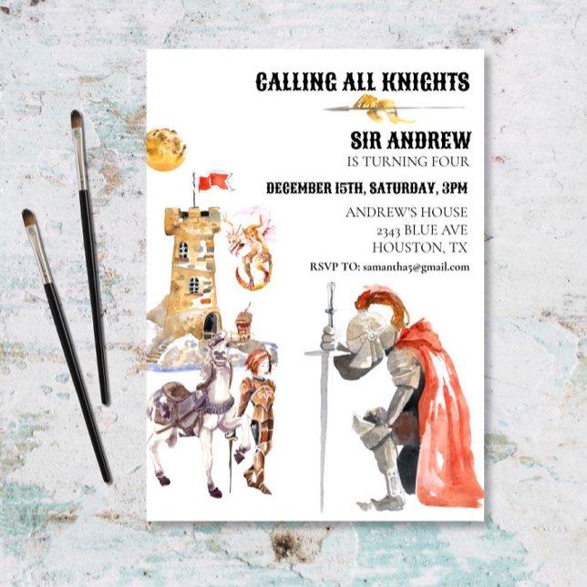 Medieval Knight Dragon Castle Watercolor Birthday Inbjudningar (Skapare uppladdad)