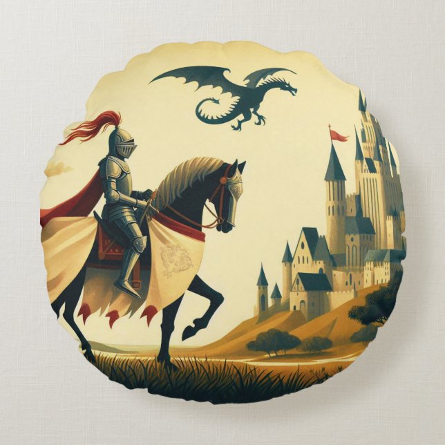 Medieval Knight/drake/castle fantsy Rund Kudde (Framsidan)