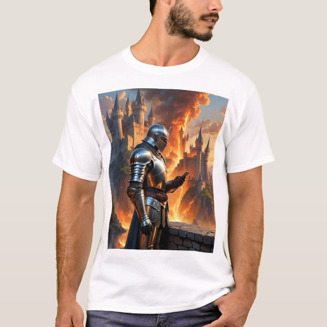 Medieval Knight Funny Castle Fire Fantasy Art Tee (Framsida)