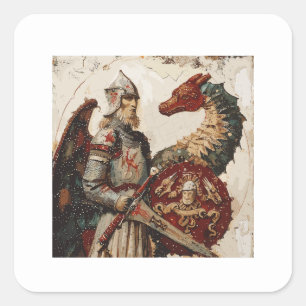 Medieval Knight med Dragon Fyrkantigt Klistermärke