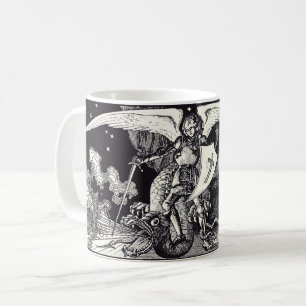 Medieval Knight och Dragon Black and White Kaffemugg