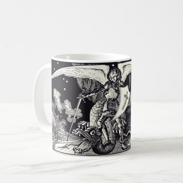 Medieval Knight och Dragon Black and White Kaffemugg (Framsida vänster)