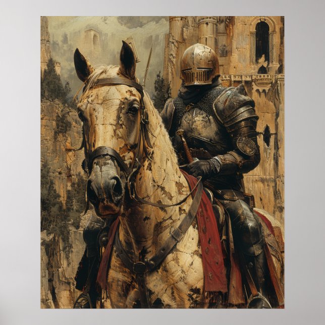 Medieval Knight Riding Horse Illustration Poster (Framsidan)