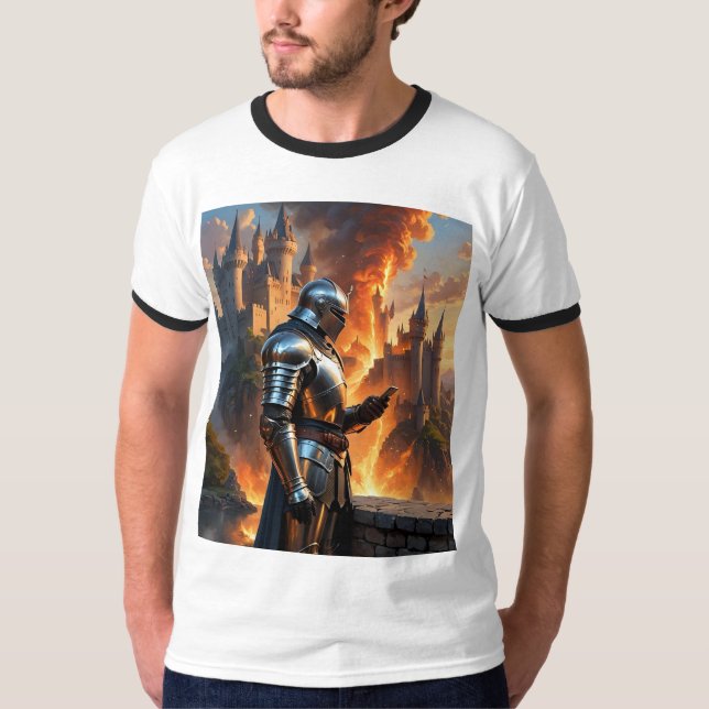 Medieval Knight Texting medan Castle Burns Tee (Framsida)