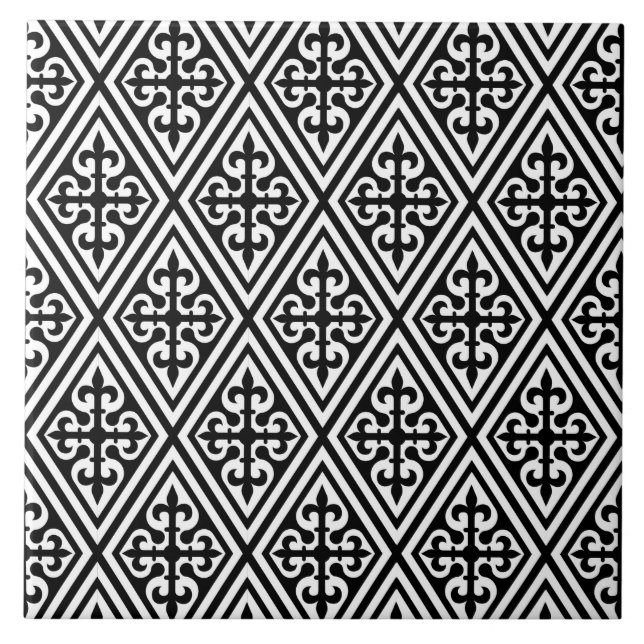 Medieval Kor Damask - Black and White Kakelplatta (Framsidan)