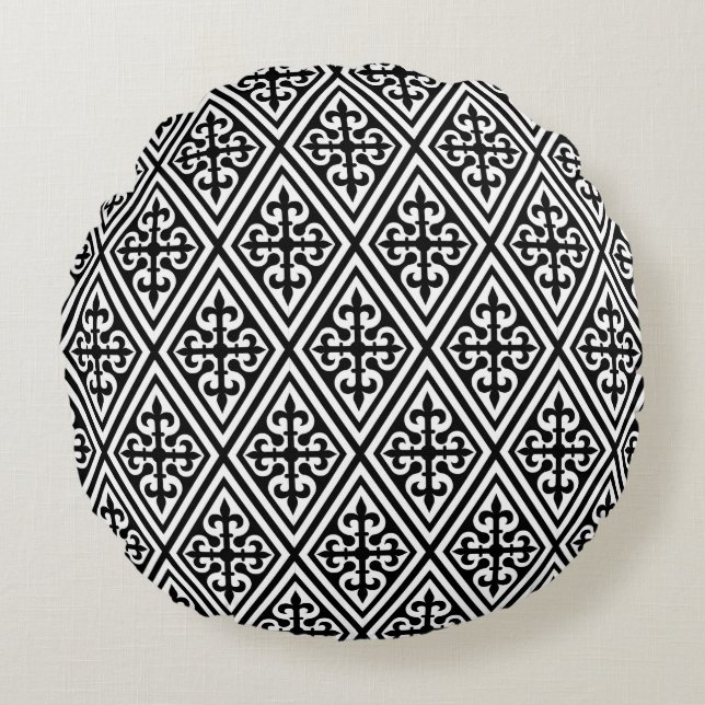 Medieval Kor Damask - Black and White Rund Kudde (Framsidan)
