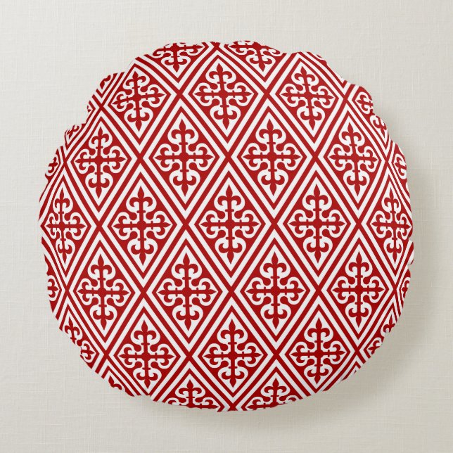Medieval Kor Damask - Deep Red and White Rund Kudde (Framsidan)