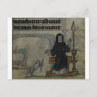 Medieval kvinna som snurrar med katt vykort