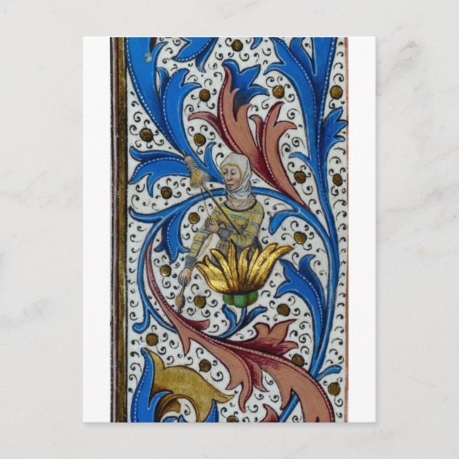 Medieval kvinnlig spinning med spindel och distaff vykort (Framsida)