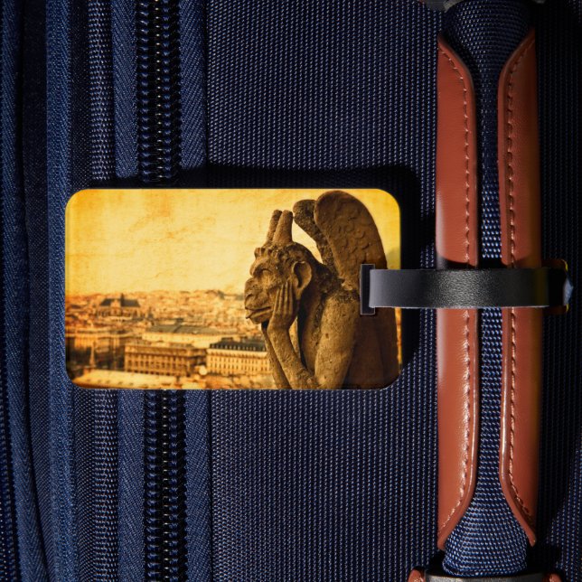 Medieval Le Stryge Gargoyle vid Notre Dame, Paris Bagagebricka (Baksida Insitu 2)