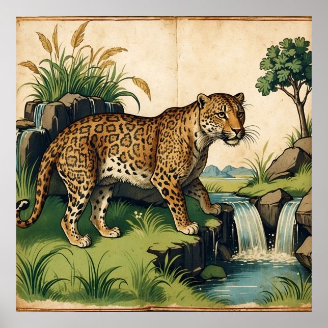 Medieval Leopard med vattenfallsart Poster (Framsidan)