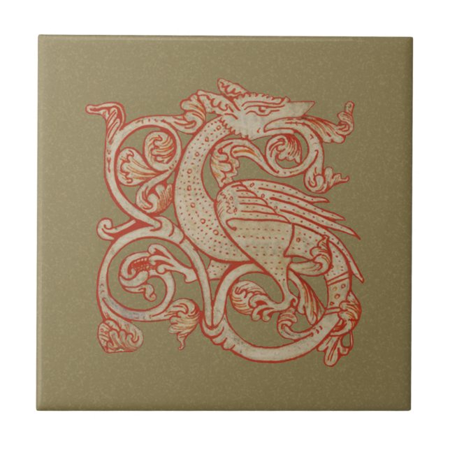 Medieval Manuscript Dragon Ceramic Tile Kakelplatta (Framsidan)