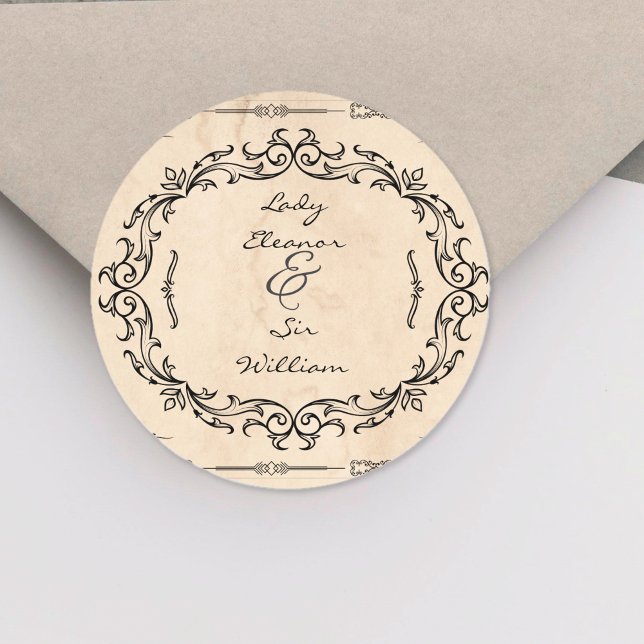 Medieval Manuscript Elegant bröllop Runt Klistermärke (Medieval Manuscript Elegant Wedding Classic Round Sticker)