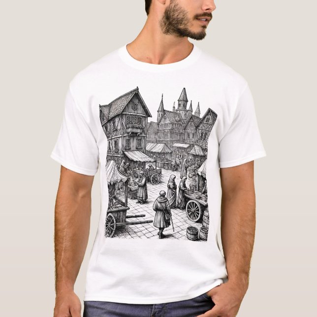 Medieval Marketplace Hand-Drawn Sketch T Shirt (Framsida)