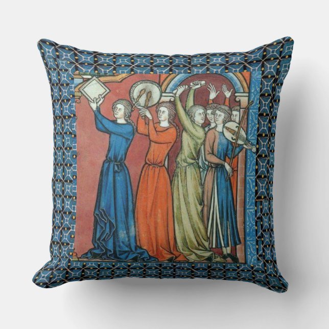 Medieval musicians pillow with blue background kudde (Framsida)