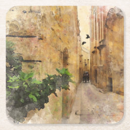 Medieval Narrow Street Old Byggnad Watercolor Underlägg Papper Kvadrat