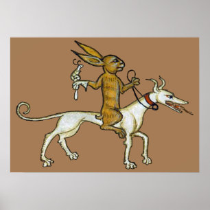 Medieval Rabbit Riding Hund och Holding Snigel Poster