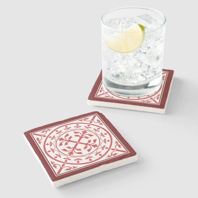 Medieval Red White Marble Wand Löv Romanesque Stenunderlägg (Sidan)