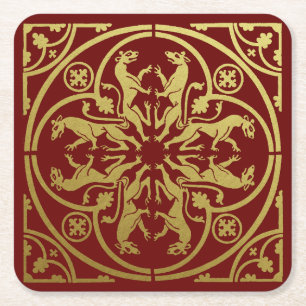 Medieval Renaissance Herald Lejon Leopard Metallic Underlägg Papper Kvadrat