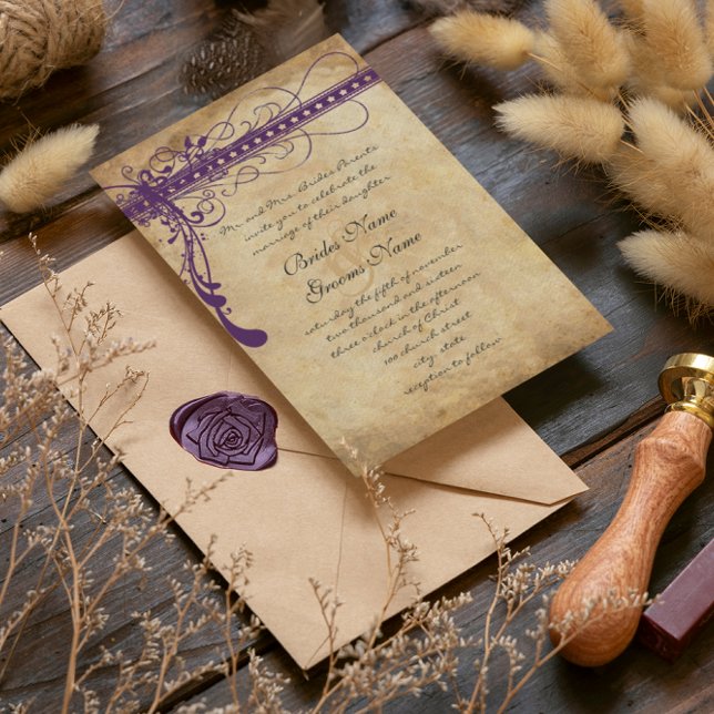 Medieval Renaissance Lila Faux Parchment Inbjudningar (This is what it would look like with a different font for the bride and groom. Check out our fonts! )