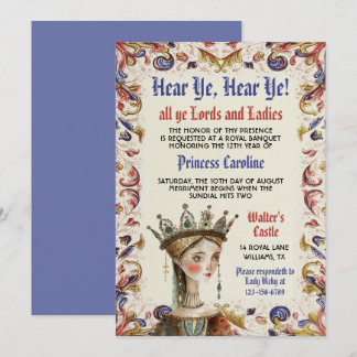 Medieval Renaissance Princess Birthday bjudande Inbjudningar
