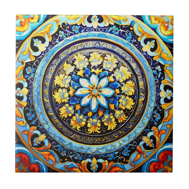 Medieval Roman Italiana Majolica Blommigt Kakelplatta (Framsidan)