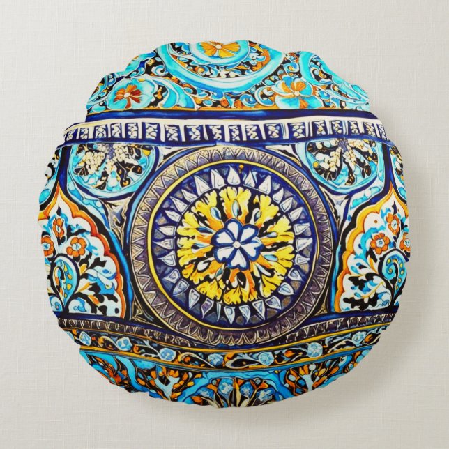 Medieval Roman Italiana Majolica Blommigt Rund Kudde (Framsidan)