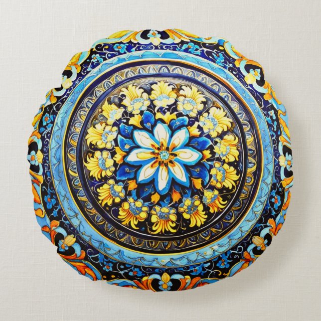 Medieval Roman Italiana Majolica Blommigt Rund Kudde (Framsidan)