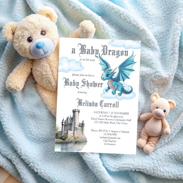 Medieval söt baby draon babydusch inbjudningar (Medieval cute baby dragon baby shower invitation template fantasy blue dragon baby shower invites)