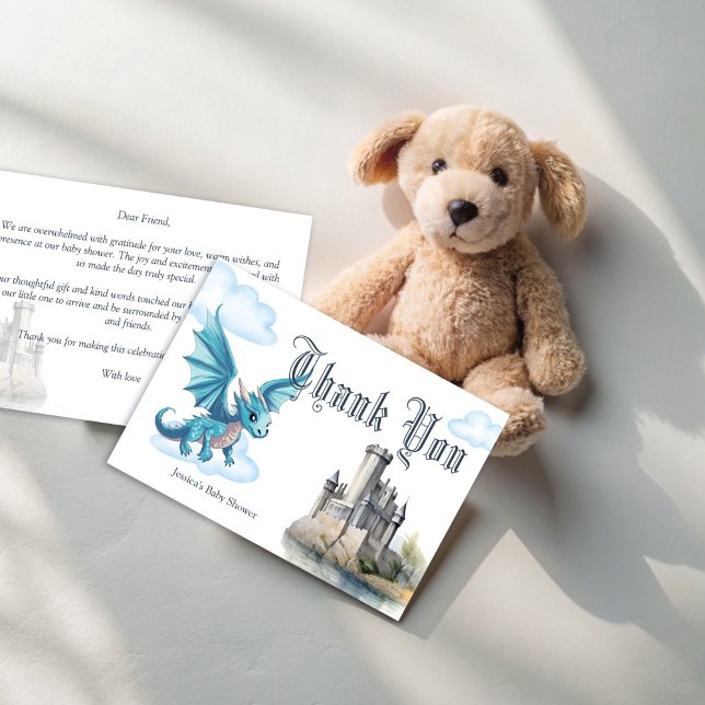 Medieval, söt blåblådradusch i baby tack kort (Medieval cute blue baby dragon baby shower thank you cards fantasy dragon thank you cards)