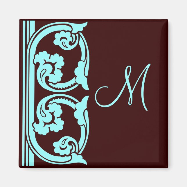 Medieval Teal on Chocolate Brown Monogram Magnet (Framsidan)