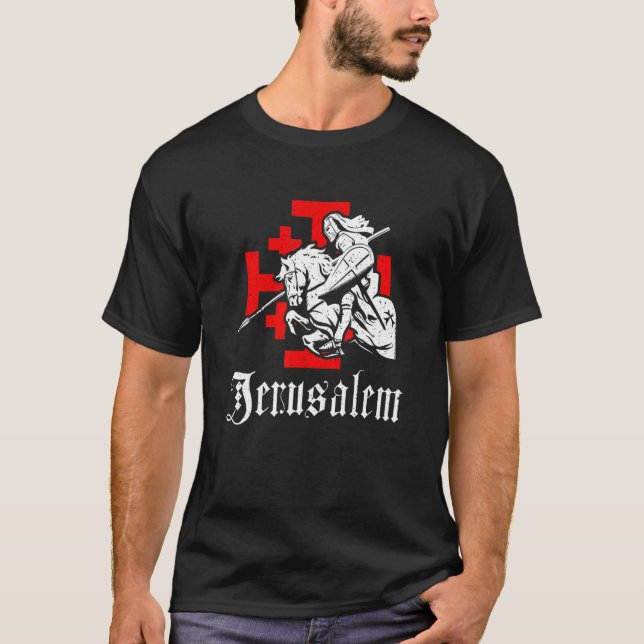 Medieval Templar Knight på Krig Horse Jerusalem Cr T Shirt (Framsida)
