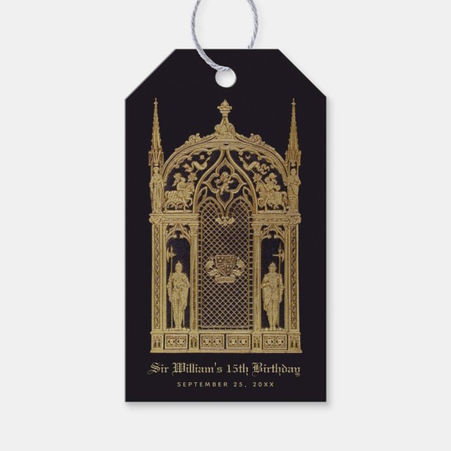 Medieval Thated Birthday Black Guld Gothic Knight Presentetikett (Framsidan)