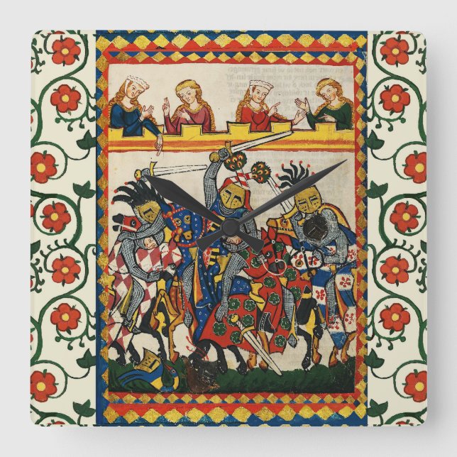MEDIEVAL TOURNATION, FIGHTING KNIGHTS OCH DAMSEL FYRKANTIG KLOCKA (Framsida)