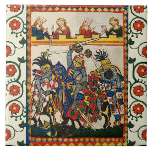 MEDIEVAL TOURNATION, FIGHTING KNIGHTS OCH DAMSEL KAKELPLATTA