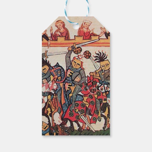 MEDIEVAL TOURNATION, FIGHTING KNIGHTS OCH DAMSEL PRESENTETIKETT (Baksidan)